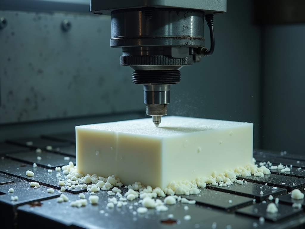 เครื่อง CNC กำลังกัดขึ้นรูปชิ้นงานพลาสติกสีขาว